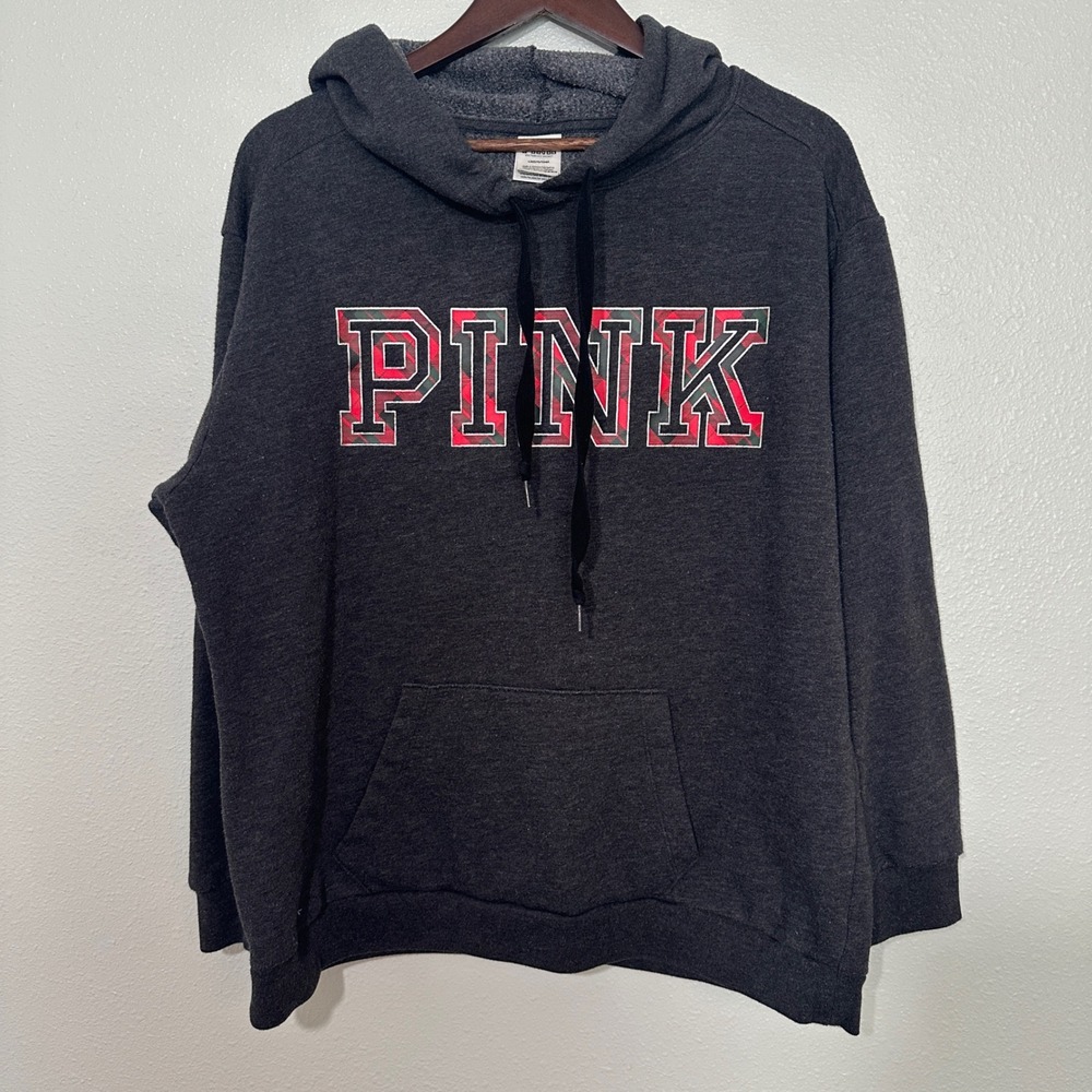 Victoria's Secret PINK Hoodie Charcoal Gray Plaid Logo Pullover Sweatshirt L